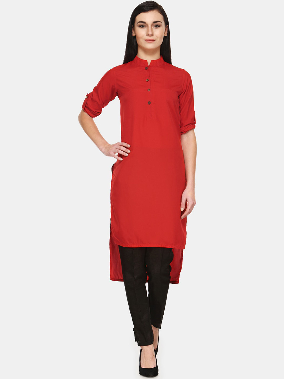 Enchanted Drapes Women Red Crepe Pathani Kurta