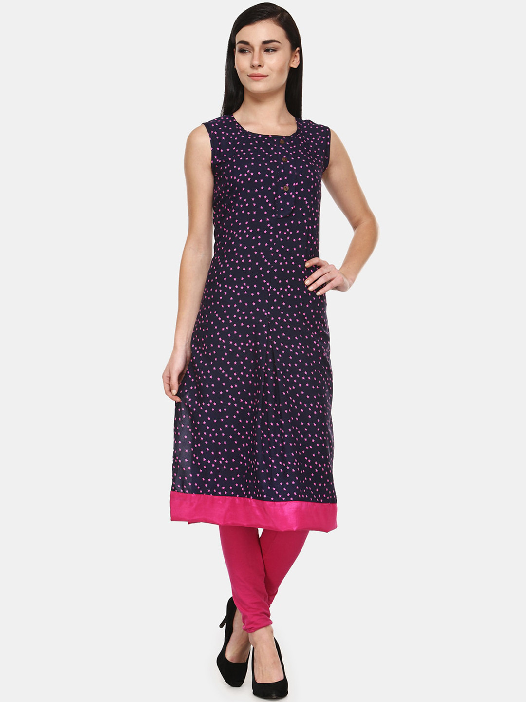 Enchanted Drapes Women Navy Blue & Pink Geometric Printed Crepe Kurta