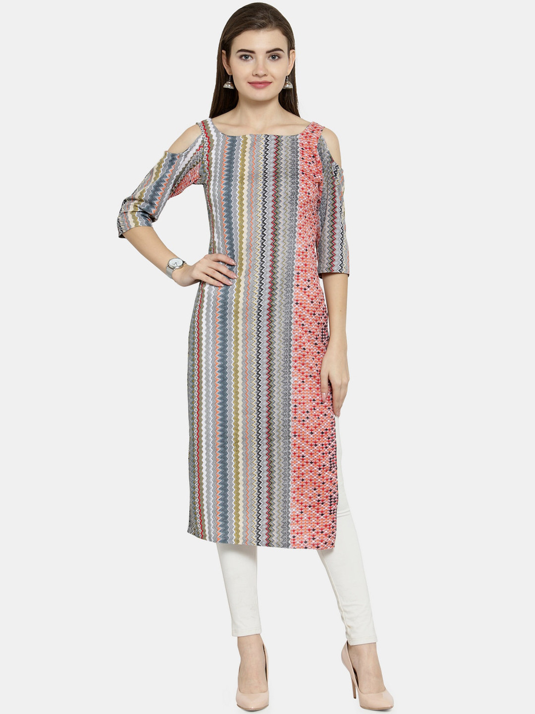 Enchanted Drapes Women Grey Geometric Cold-Shoulder Sleeves Crepe Kurta