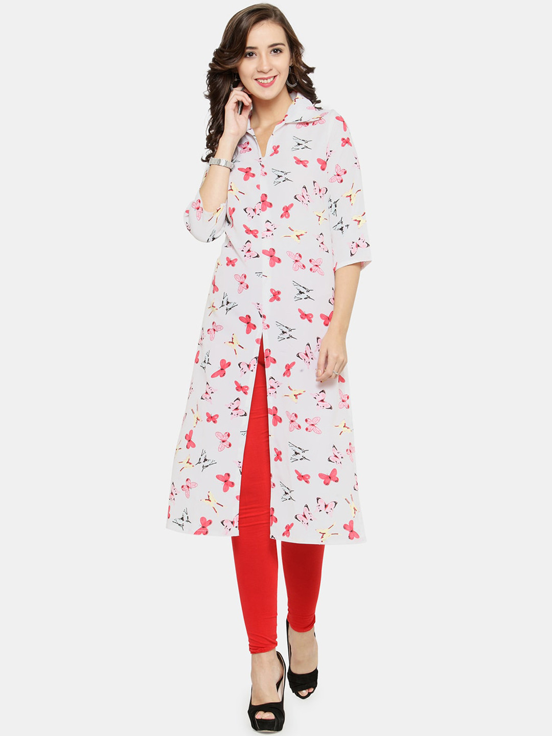 Enchanted Drapes Women White Printed Crepe High Slit Kurta