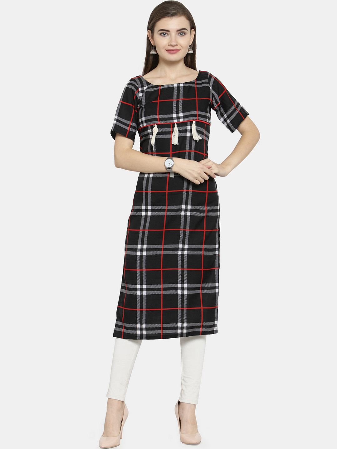 Enchanted Drapes Women Black & White Checked Thread Work Crepe Kurta