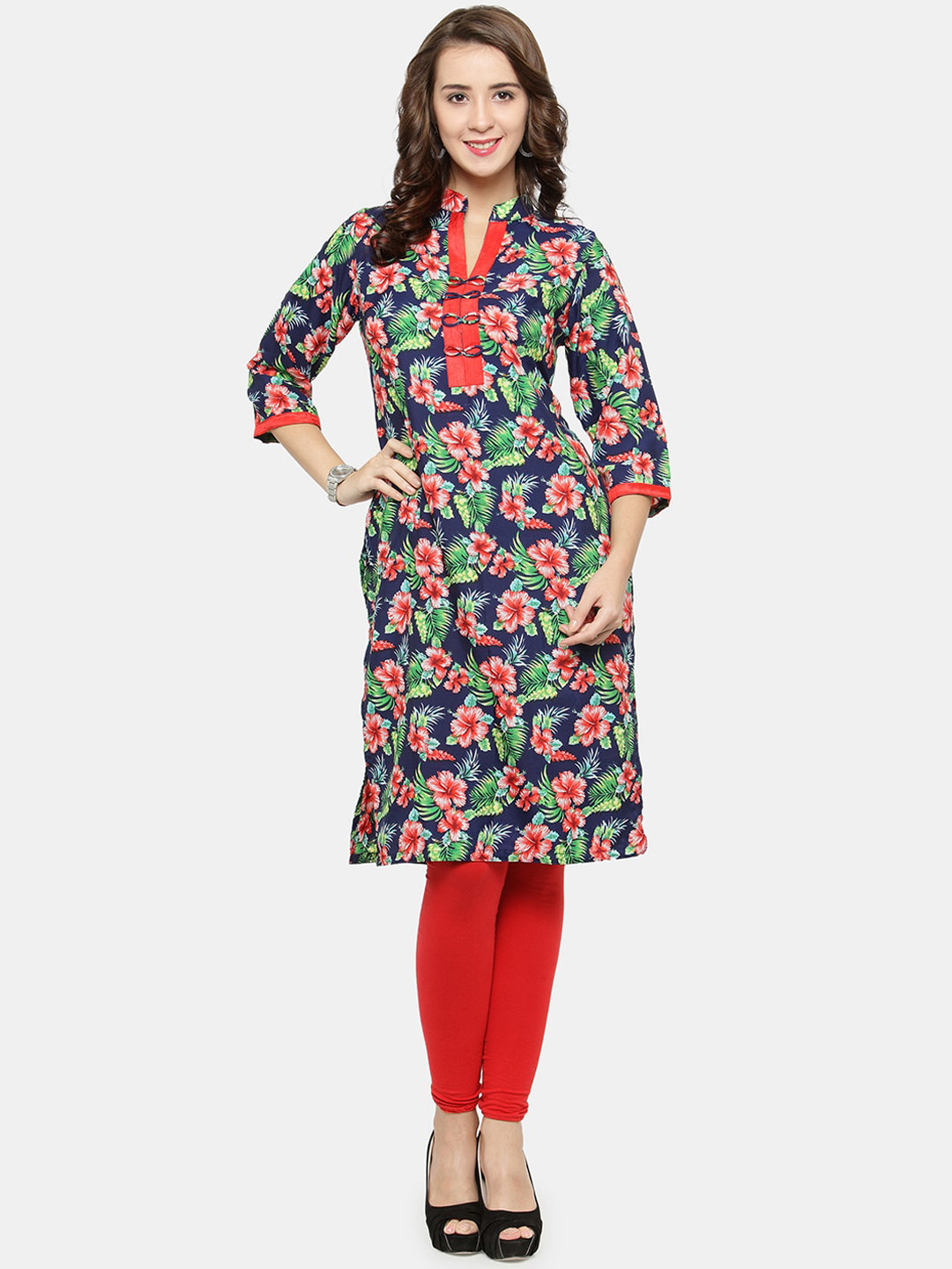 Enchanted Drapes Women Blue Floral Printed Straight Kurta