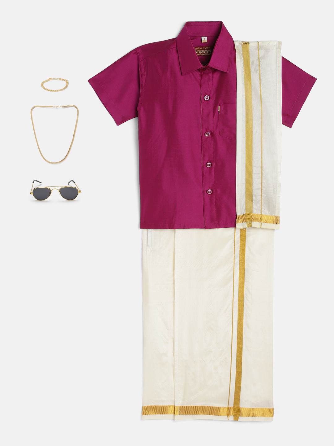 THANGAMAGAN Boys Pink Shirt with Self-attaching Dhoti, Towel And Freebies Set