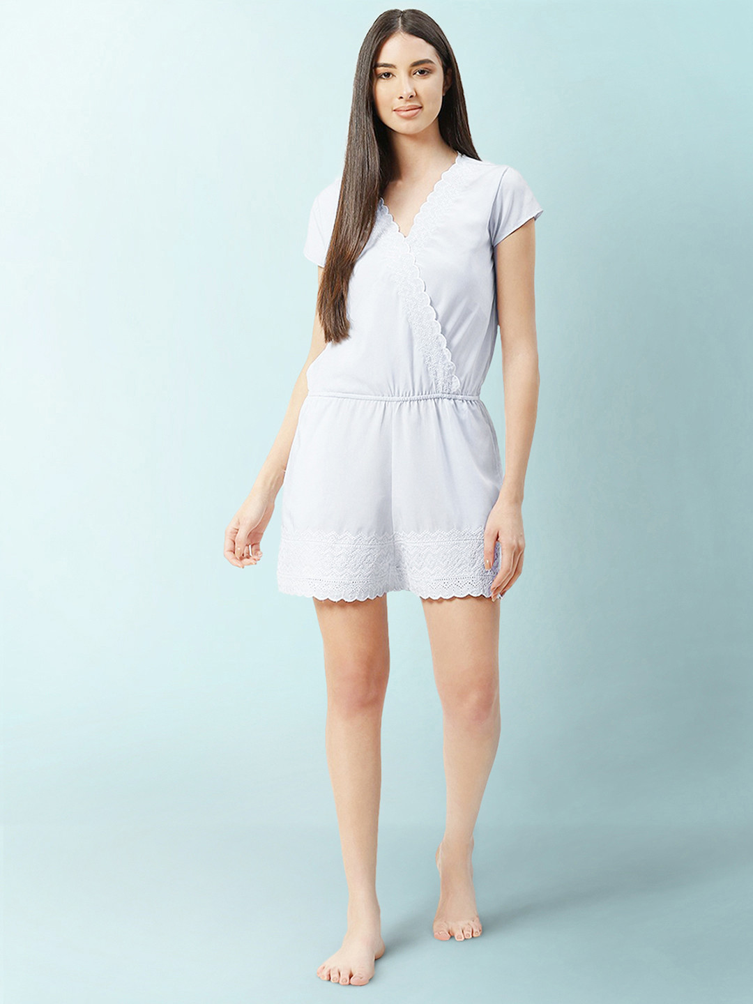 LILL Women Blue Embroidered Detail Wrap Playsuit