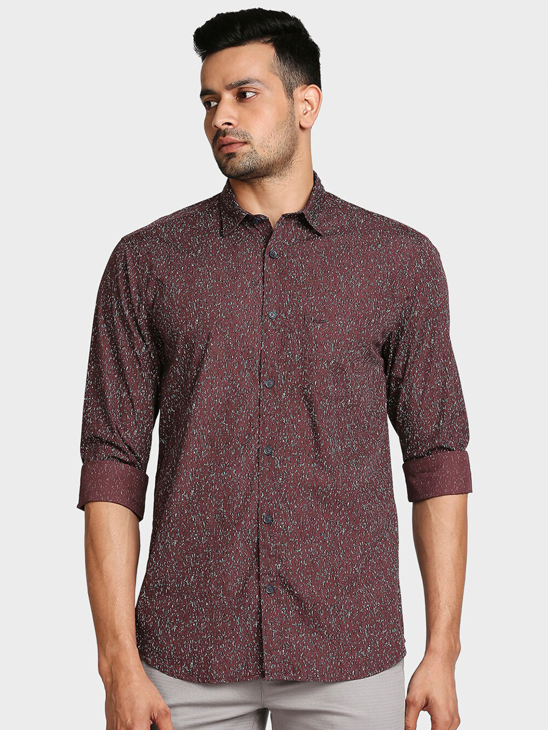 ColorPlus Men Red & White Tailored Fit Opaque Printed Cotton Casual Shirt