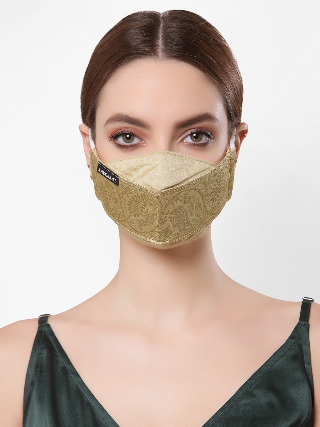 Anekaant Women Gold-Coloured Faux Silk Foliage 3-Ply Reusable Outdoor Cloth Mask