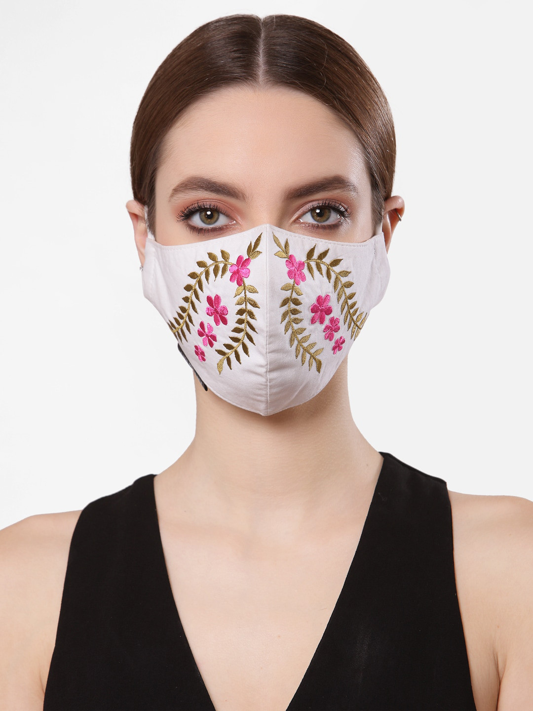 Anekaant Women White & Pink Embroidered 3-Ply Reusable Cotton Cloth Mask