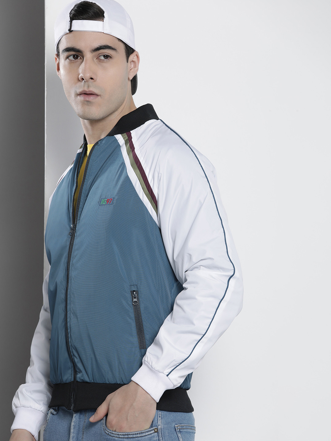 The Indian Garage Co Men Blue White Striped Bomber Jacket