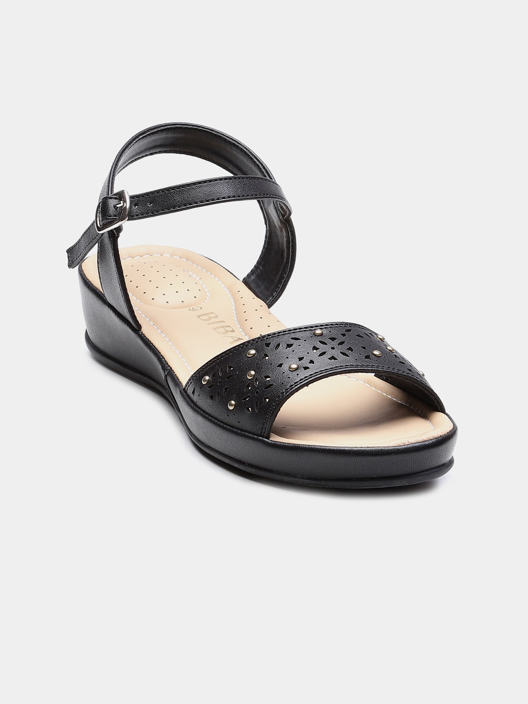 Biba Black Embellished Wedge Pumps with Laser Cuts