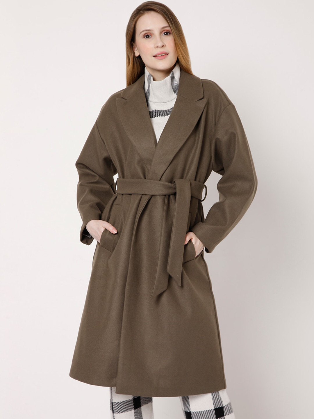 Vero Moda Women Brown Solid Knee-Length Wrap Coat