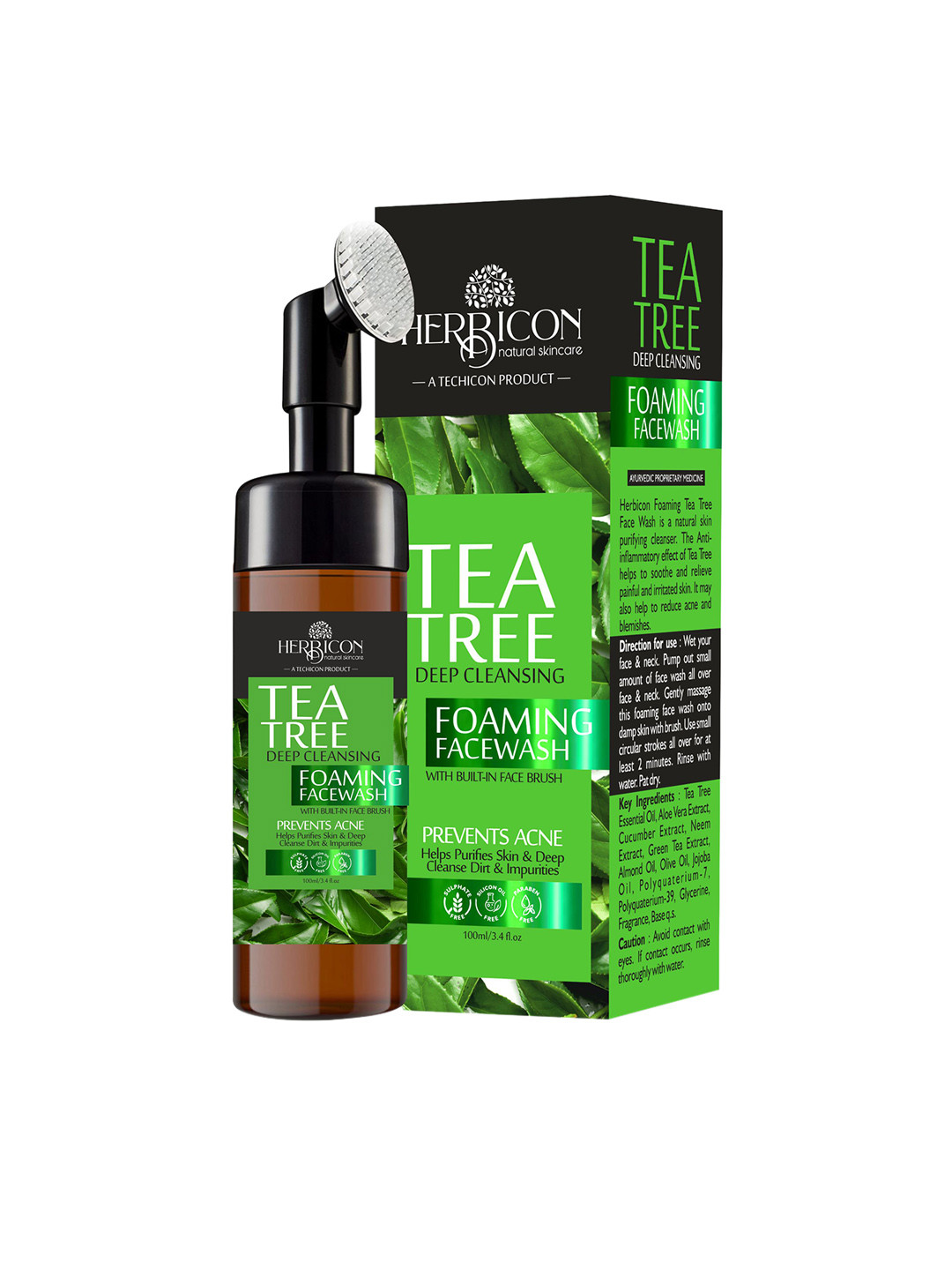 Herbicon Tea Tree Foaming Face Wash  with Built-In Face Brush for Acne and Pimples