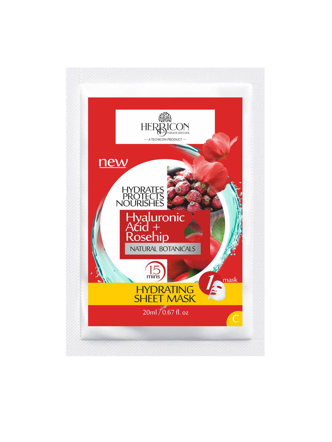 HERBICON Unisex Red Hyaluronic Face Sheet Mask with Rosehip Oil for Soft Skin - 20 ML