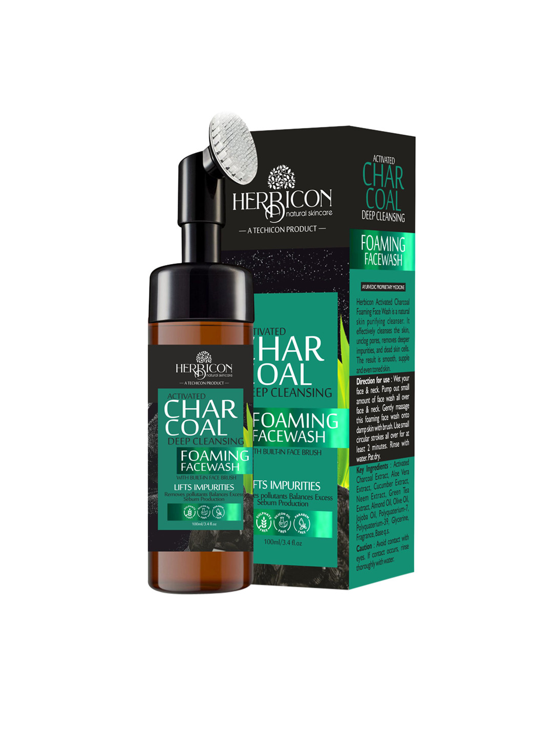 HERBICON Unisex Charcoal Foaming Face Wash with Built-In Face Brush - 100 ml