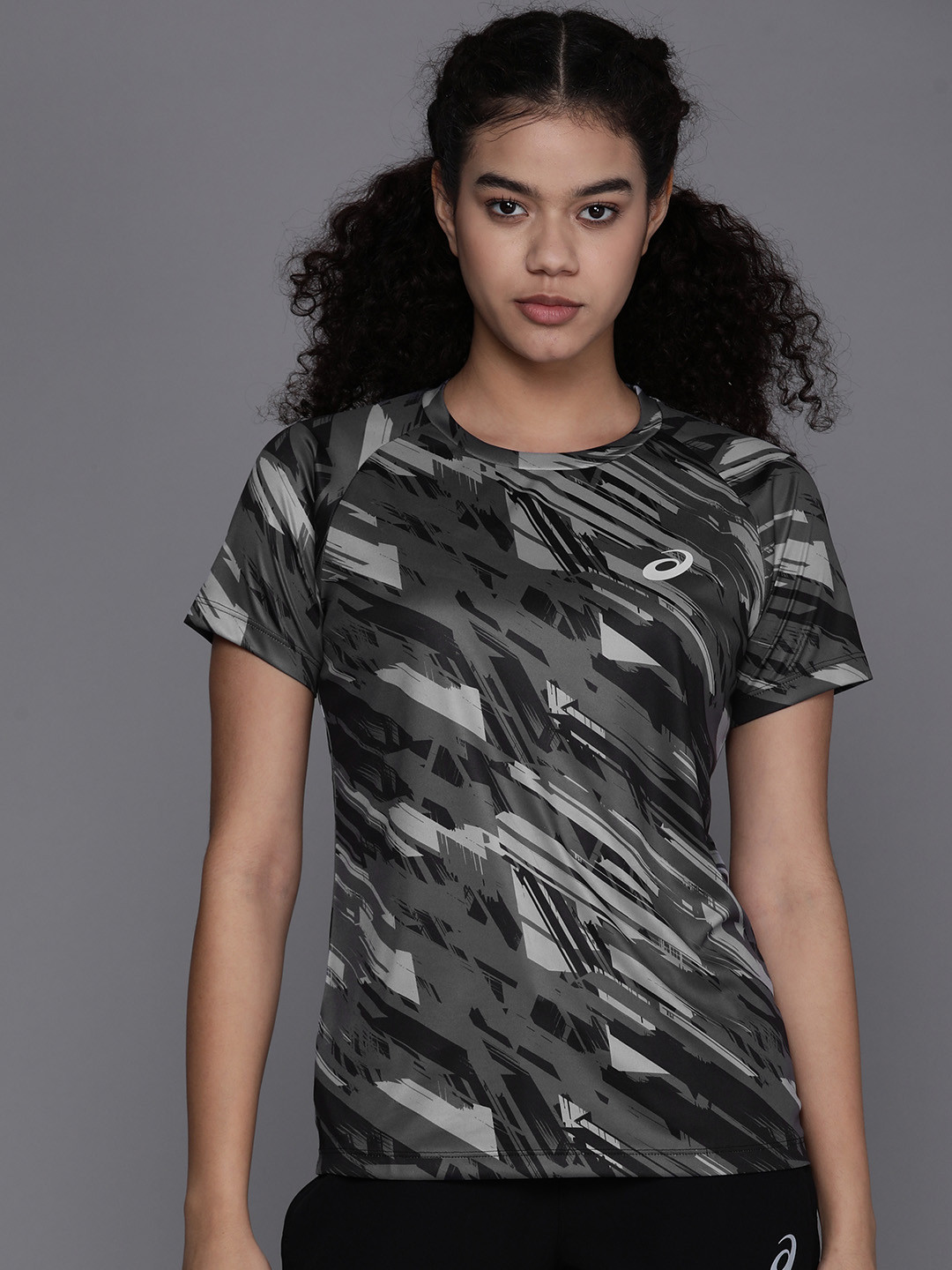 ASICS Women Black & Grey Camouflage Printed Round-Neck Running T-shirt