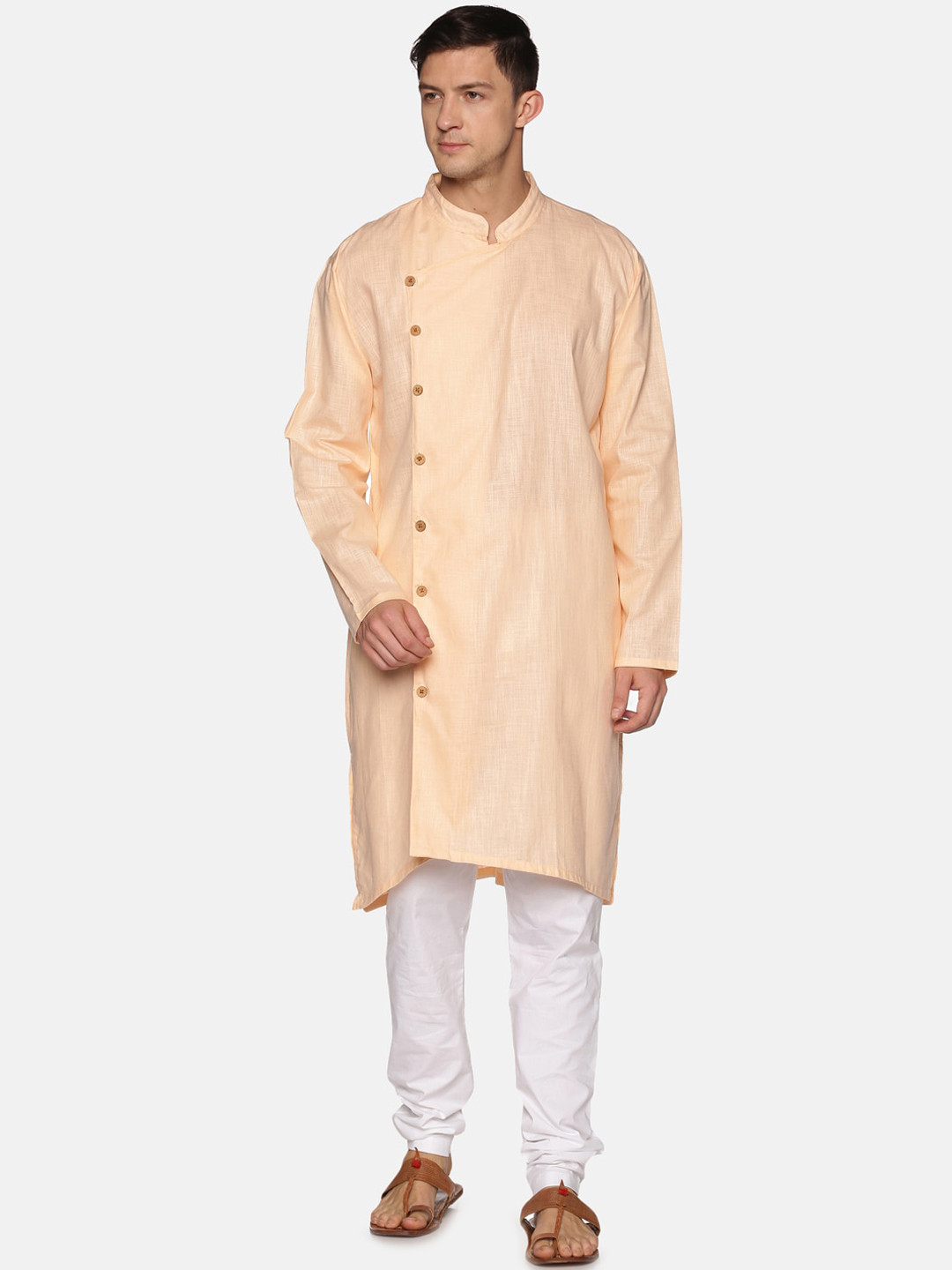 Sethukrishna Men Peach-Coloured Angrakha Pure Cotton Kurta with Churidar