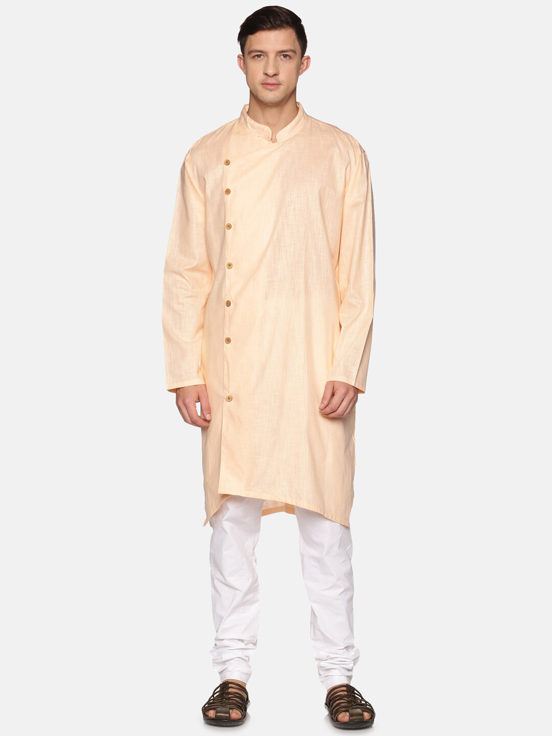 Sethukrishna Men Orange & White Panelled Pure Cotton Kurta with Pyjamas