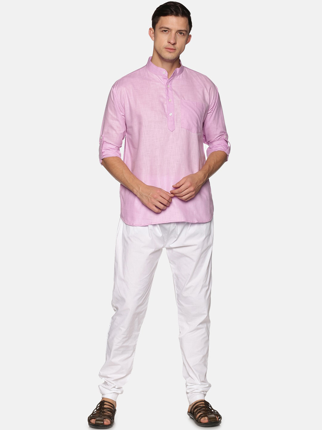 Sethukrishna Men Pink & White Pure Cotton Kurta with Pyjamas