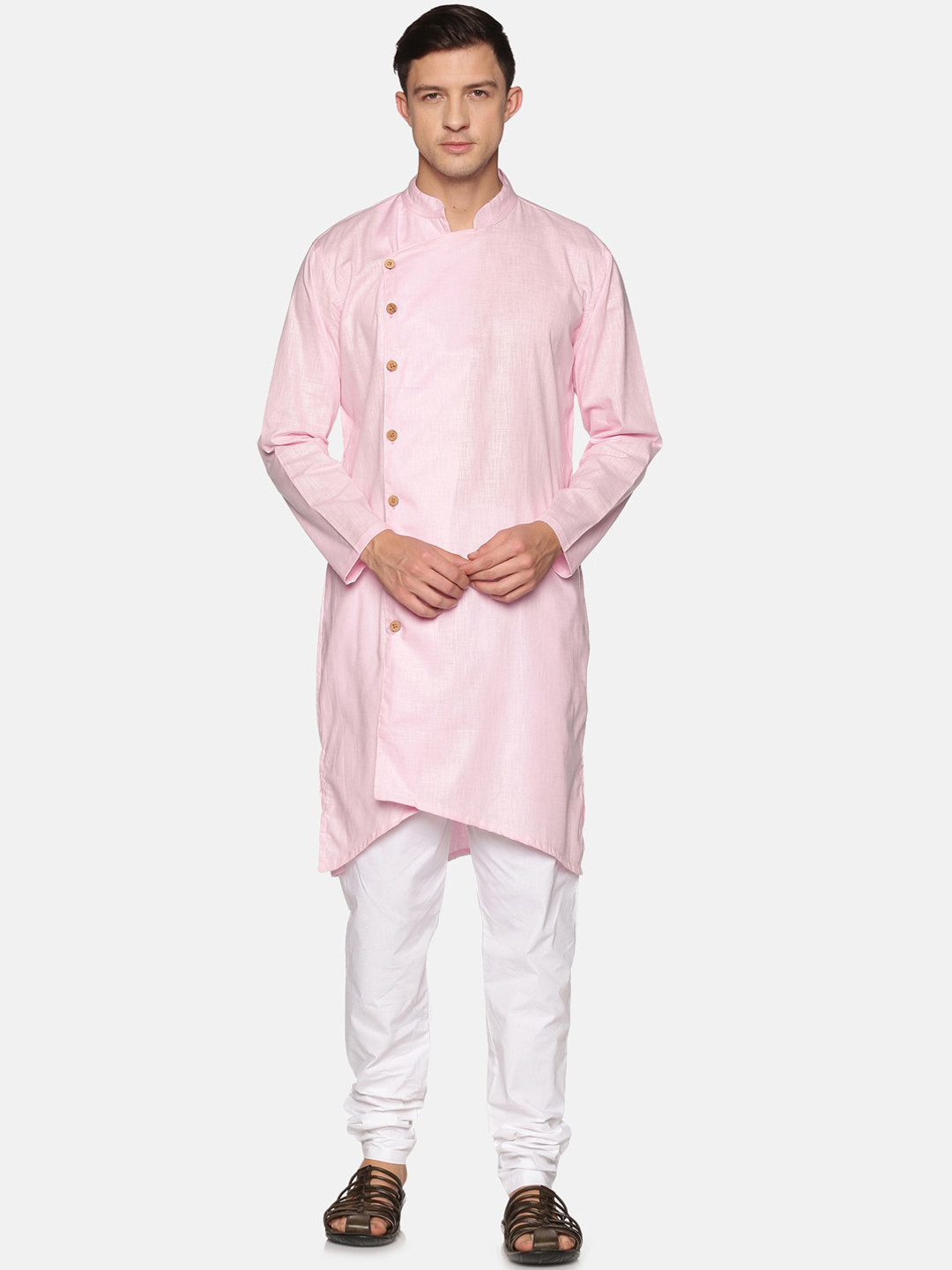 Sethukrishna Men Pink Angrakha Pure Cotton Kurta with Pyjamas