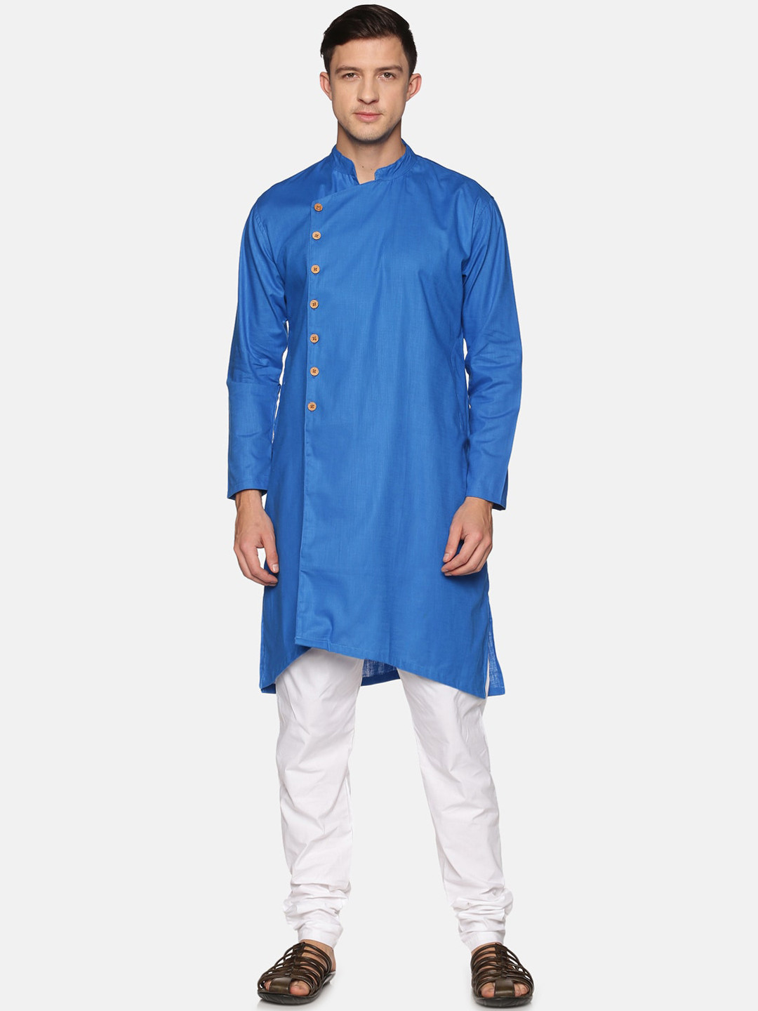 Sethukrishna Men Blue & White Panelled Pure Cotton Kurta with Pyjamas