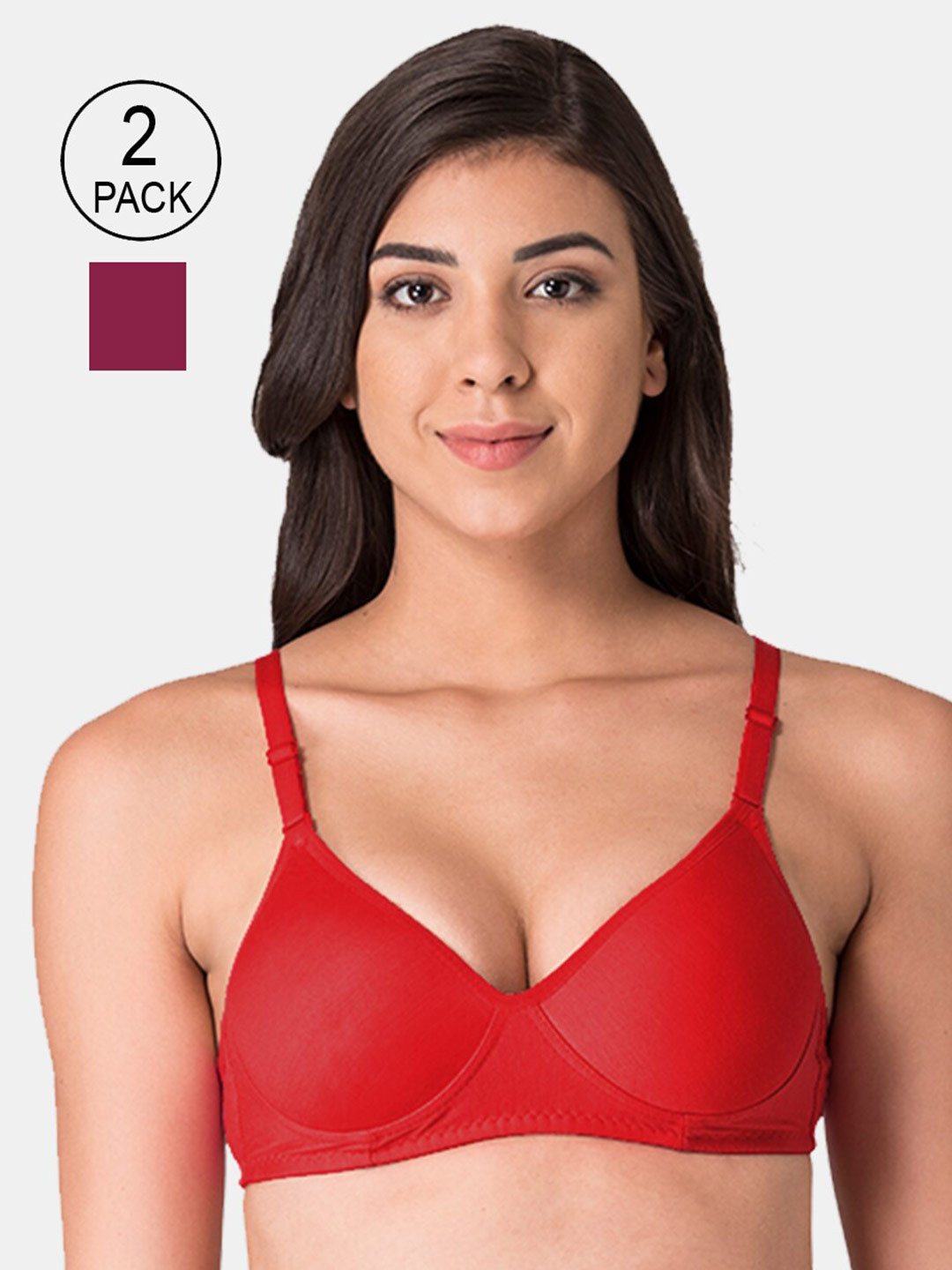 KOMLI Pack of 2 Red & Magenta T-shirt Bra Lightly Padded