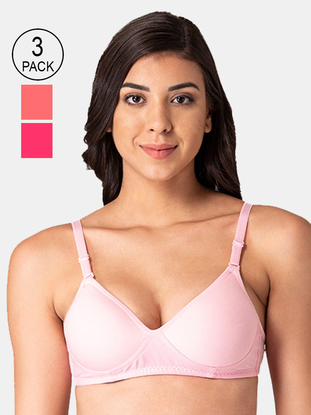 KOMLI Pack Of 3 Pink & Coral Peach T-shirt Bra Lightly Padded K-9611-3PC-BPK-CRL-DPK