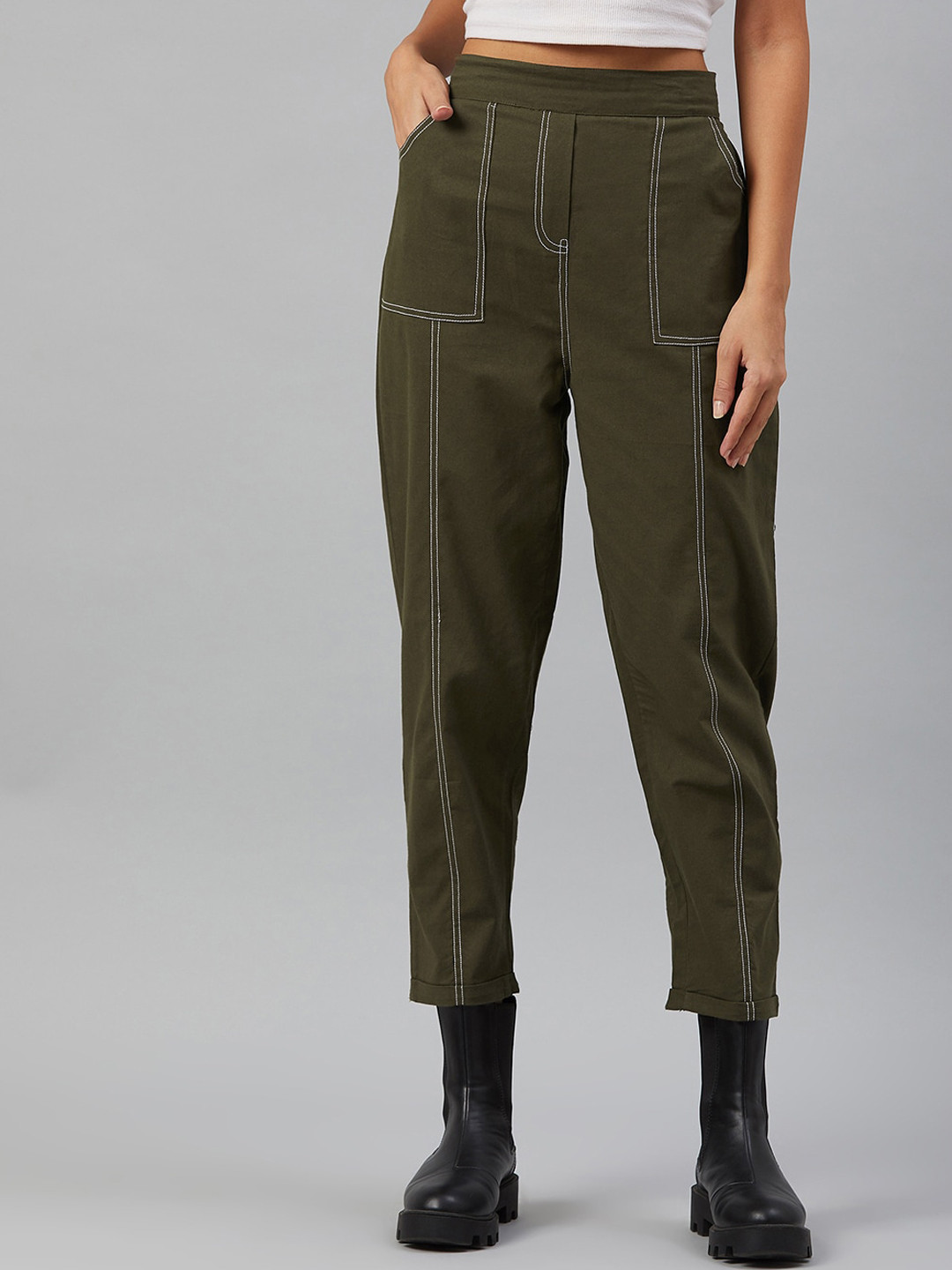 Orchid Blues Women Green Tapered Fit High-Rise Trousers