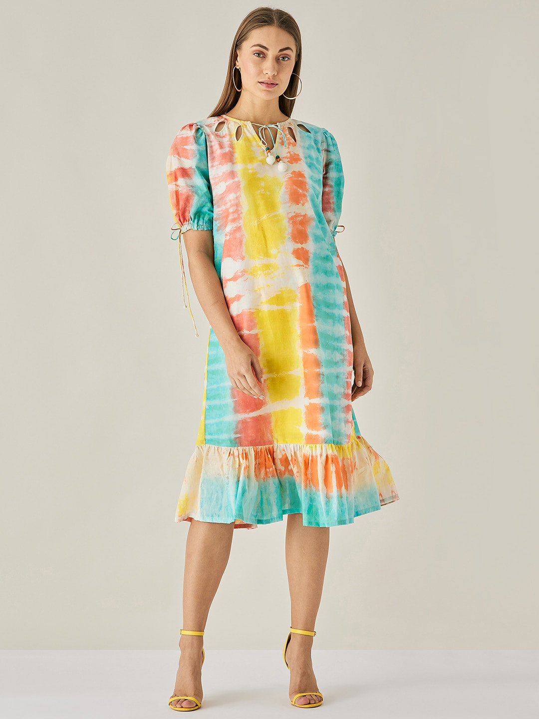 The Kaftan Company Women Yellow & Turquoise Blue Tie and Dye Drop-Waist Cotton Midi Dress