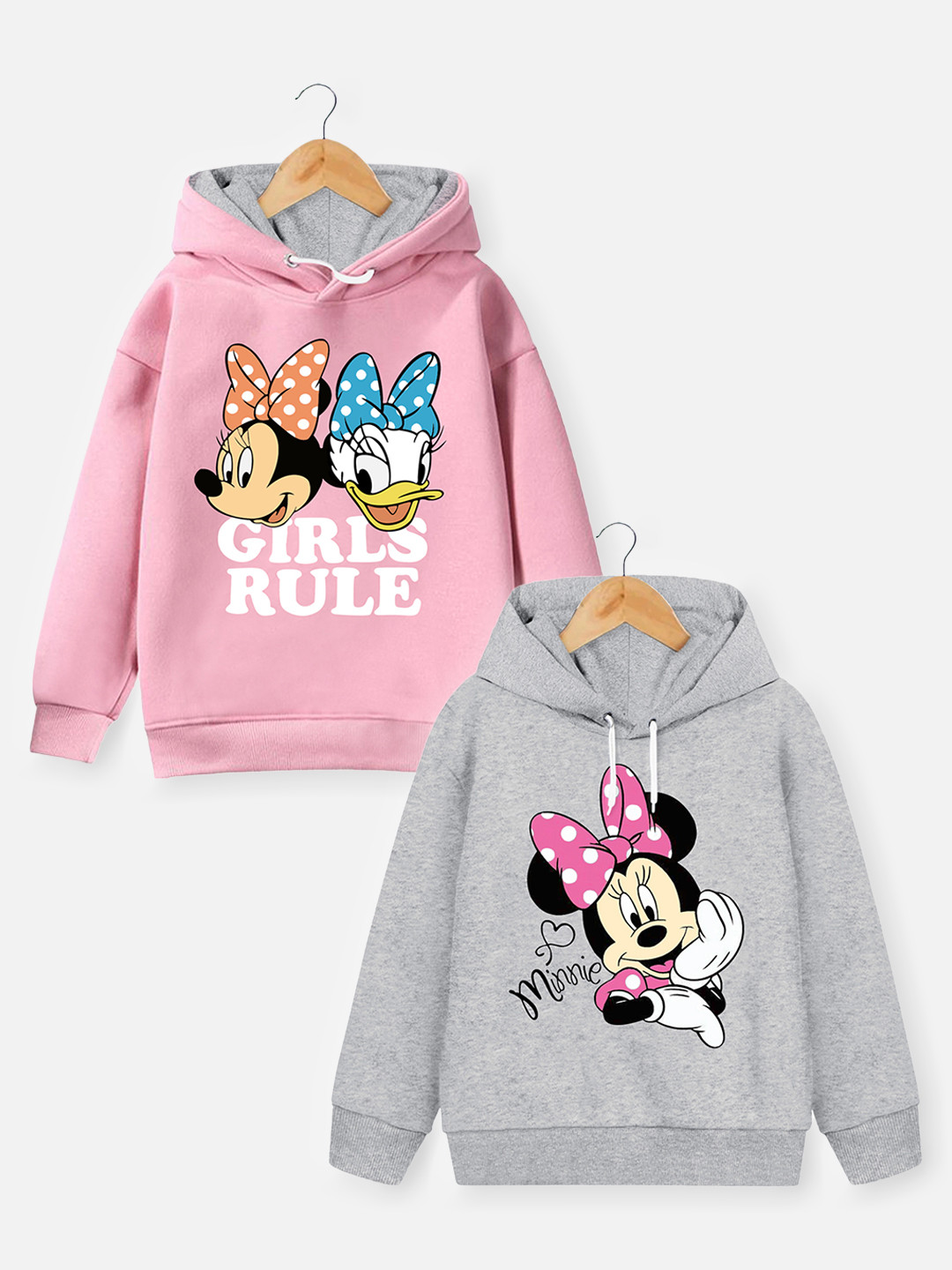 YK Disney Girls Pack Of 2 Pink & Grey Minnie Mouse & Daisy Duck Printed Hooded Sweatshirt