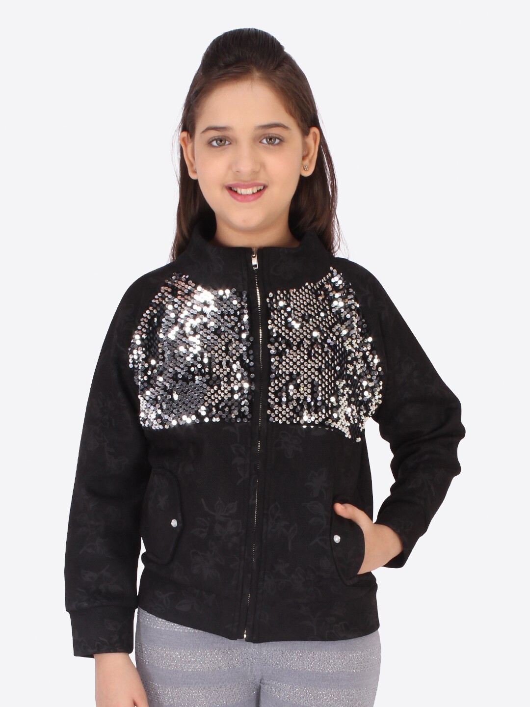 CUTECUMBER Girls Black Embellished Open Front Sweatshirt