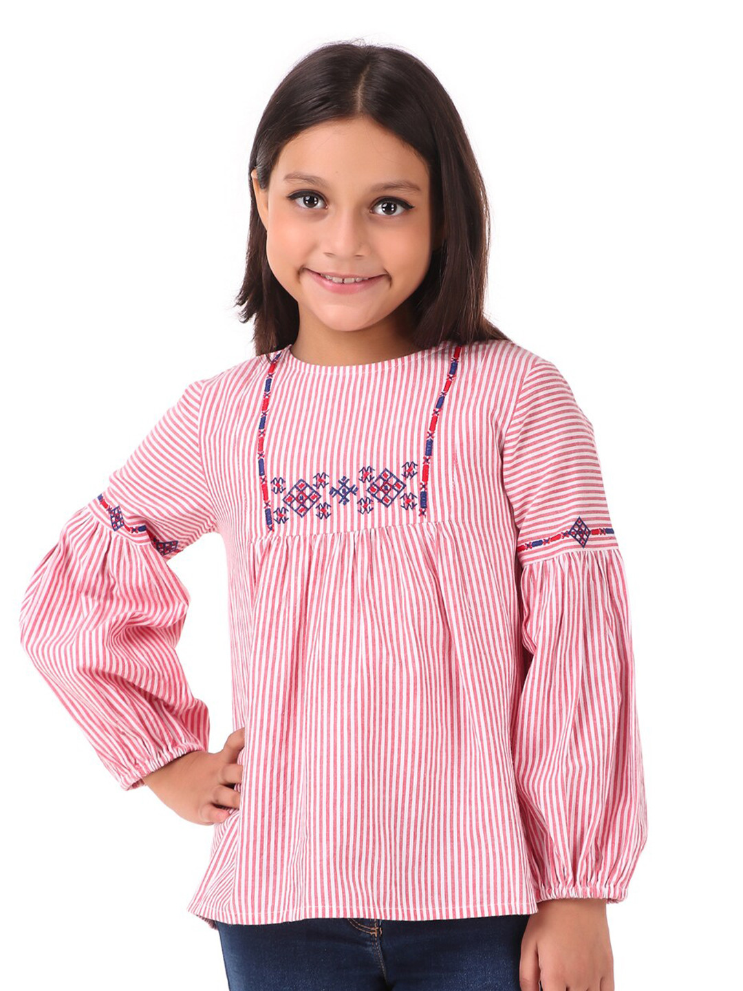 Miyo Girls Red & White Embroidered Striped Regular Top