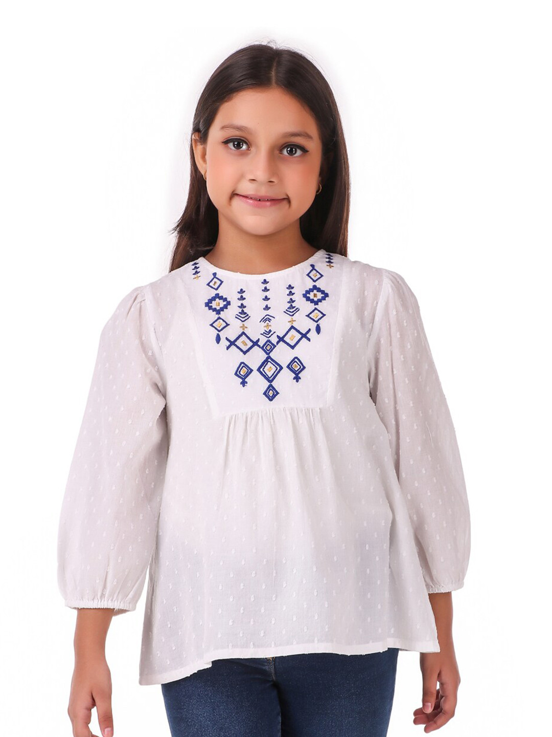 Miyo Girls White & Blue Embroidered A-Line Top