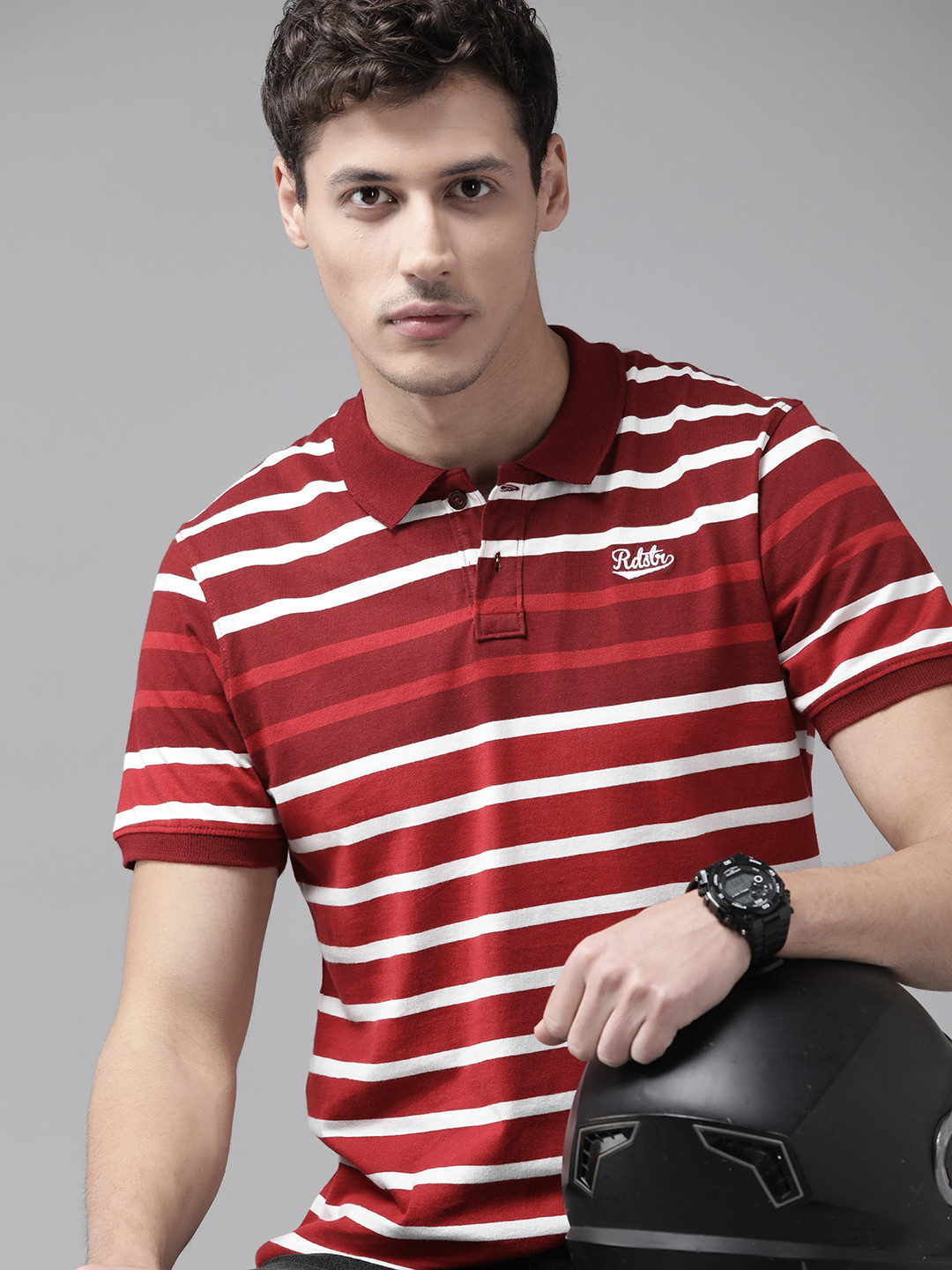 Roadster Men Maroon White Striped Polo Collar Pure Cotton T-shirt
