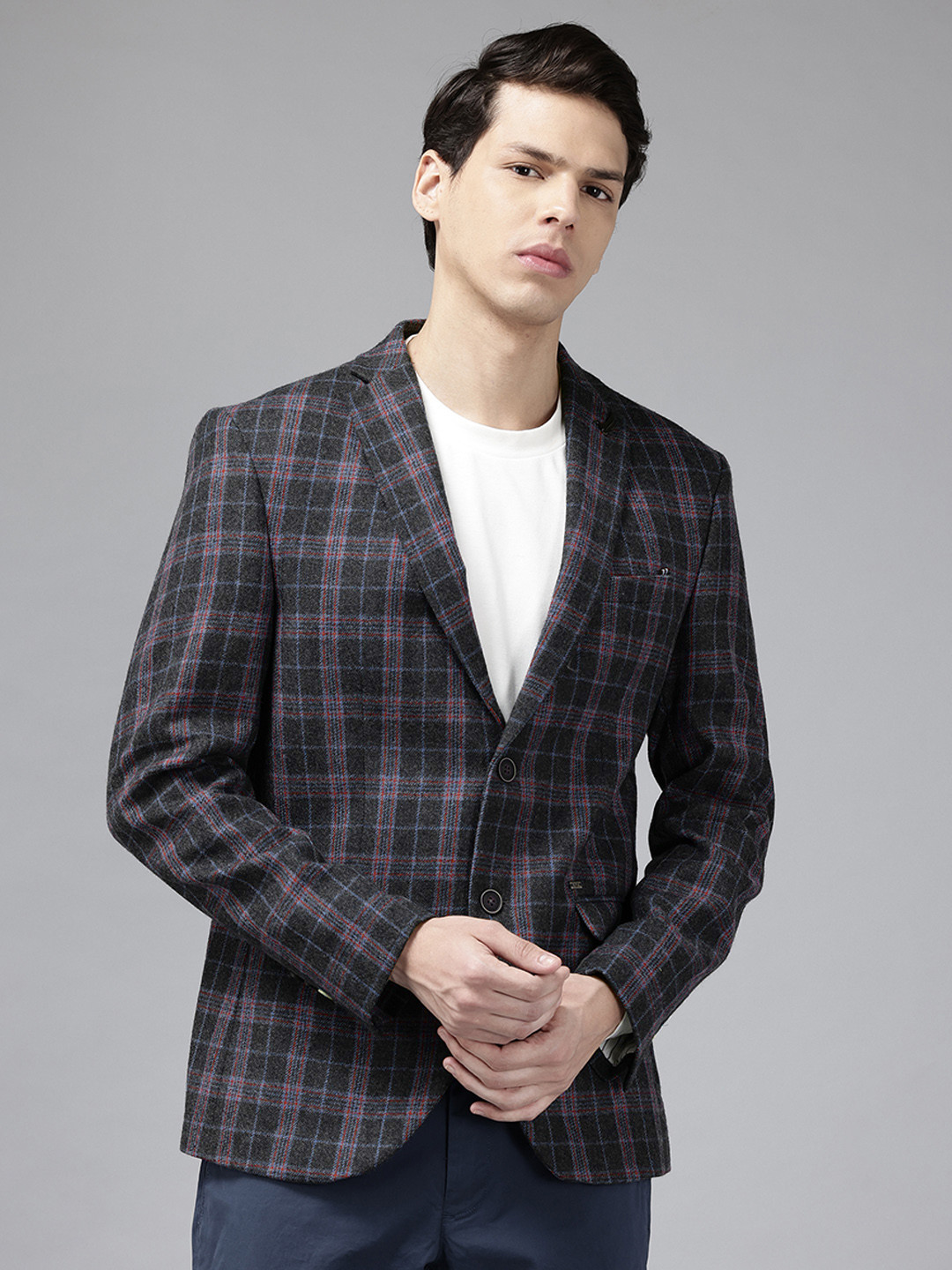 Blackberrys Tartan Checks Single-Breasted Slim Fit Semiformal Wool Blazer