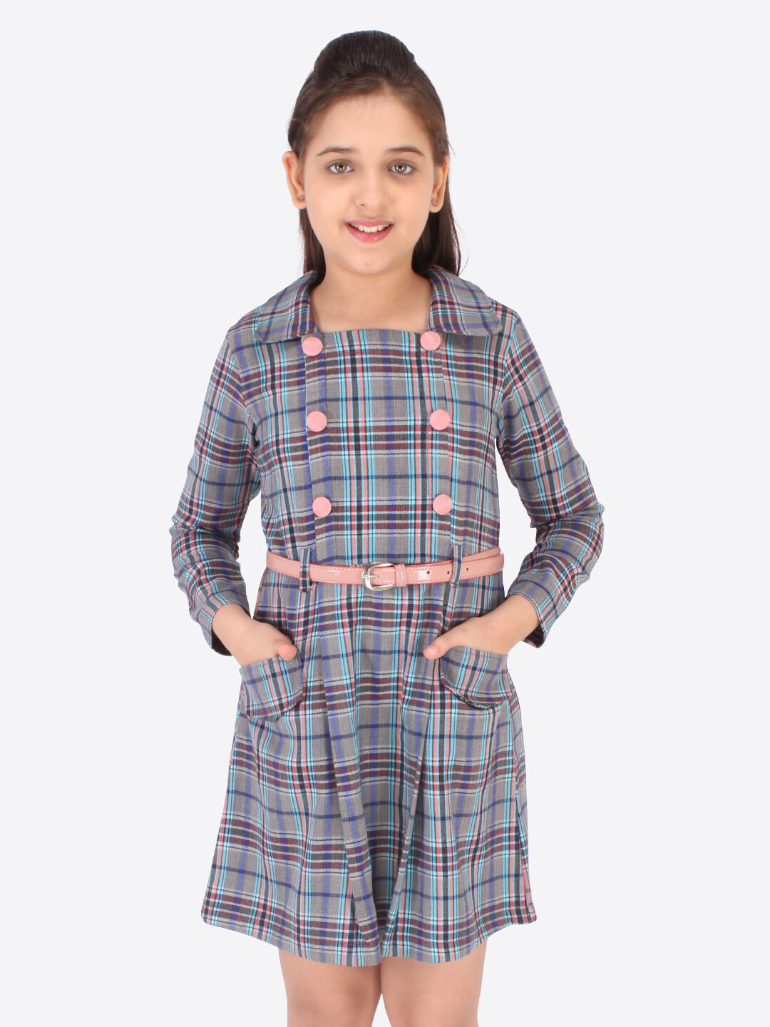 CUTECUMBER Girls Grey & Pink Checked Belted Cotton Shirt Dress