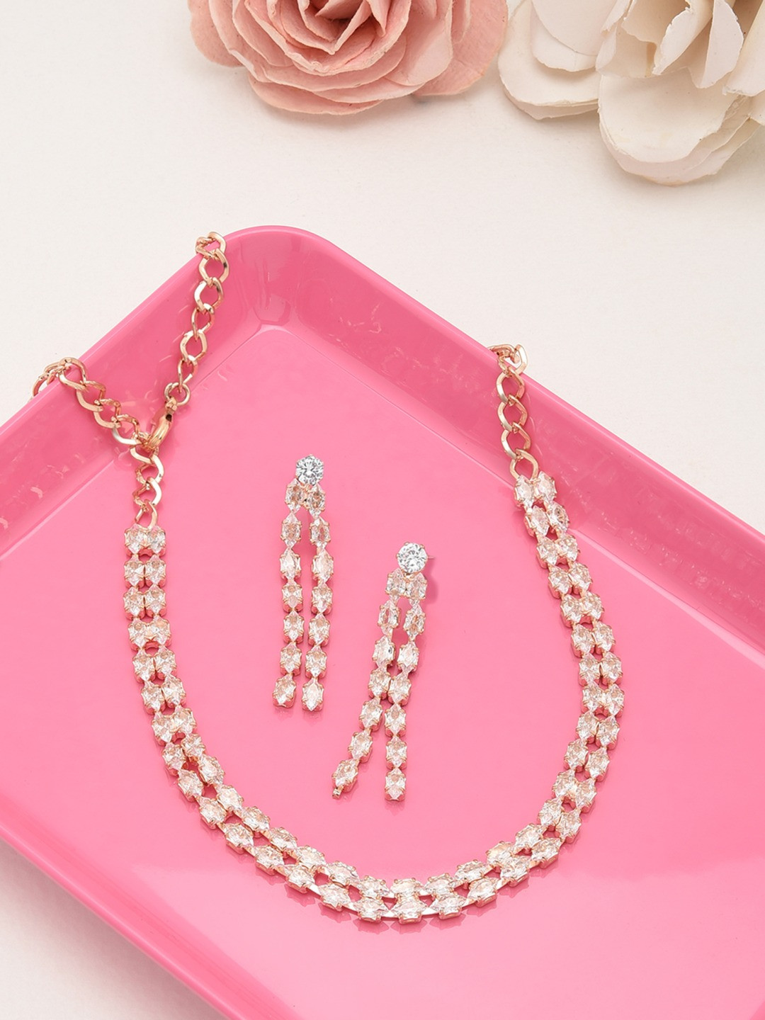 AMI Rose Gold-Toned & White Rose Gold Plated Studded Jewellery Set