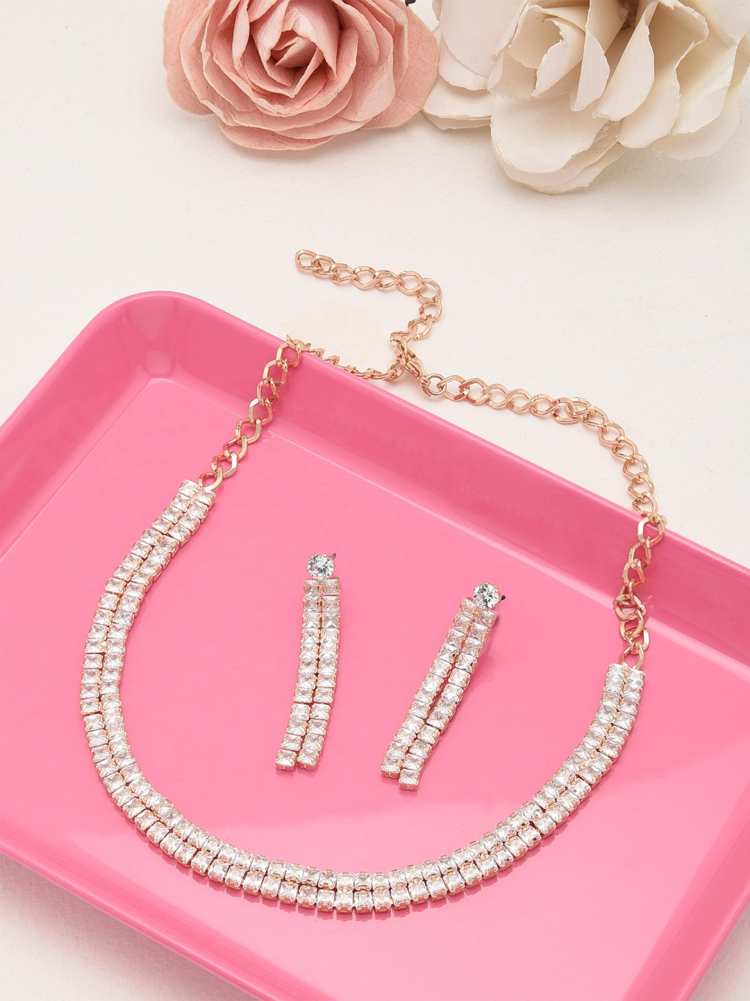 AMI Rose Gold-Toned & White Rose Gold Plated Studded Jewellery Set