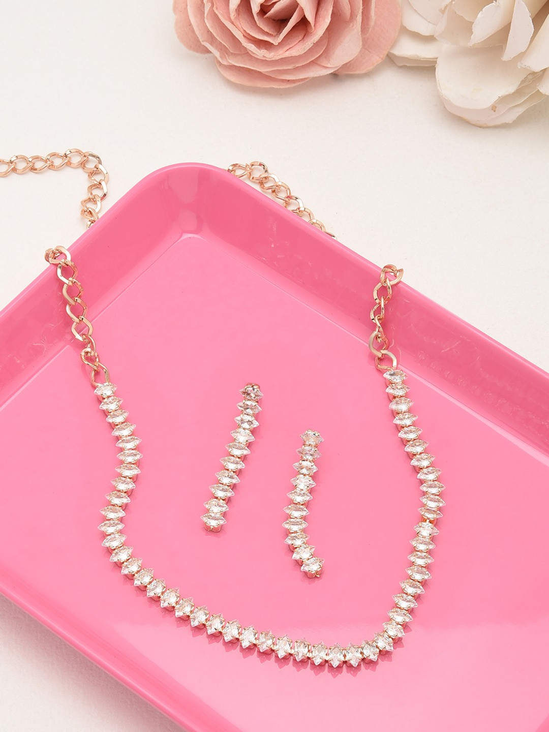AMI Rose Gold-Toned & White Rose Gold Plated Studded Jewellery Set
