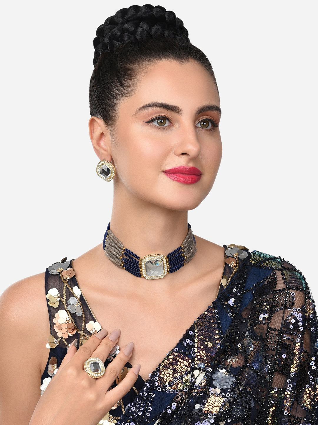 Zaveri Pearls Gold-Plated Navy Blue Austrian Diamond-Studded & Beaded Jewellery Set