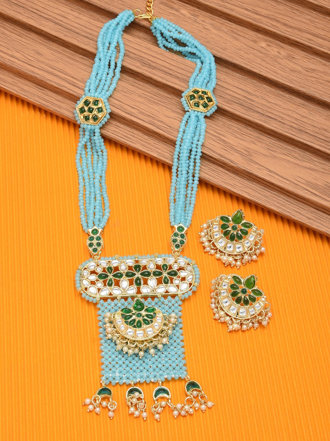 Zaveri Pearls Gold-Plated White & Blue Kundan-Studded & Crystal Beaded Jewellery Set