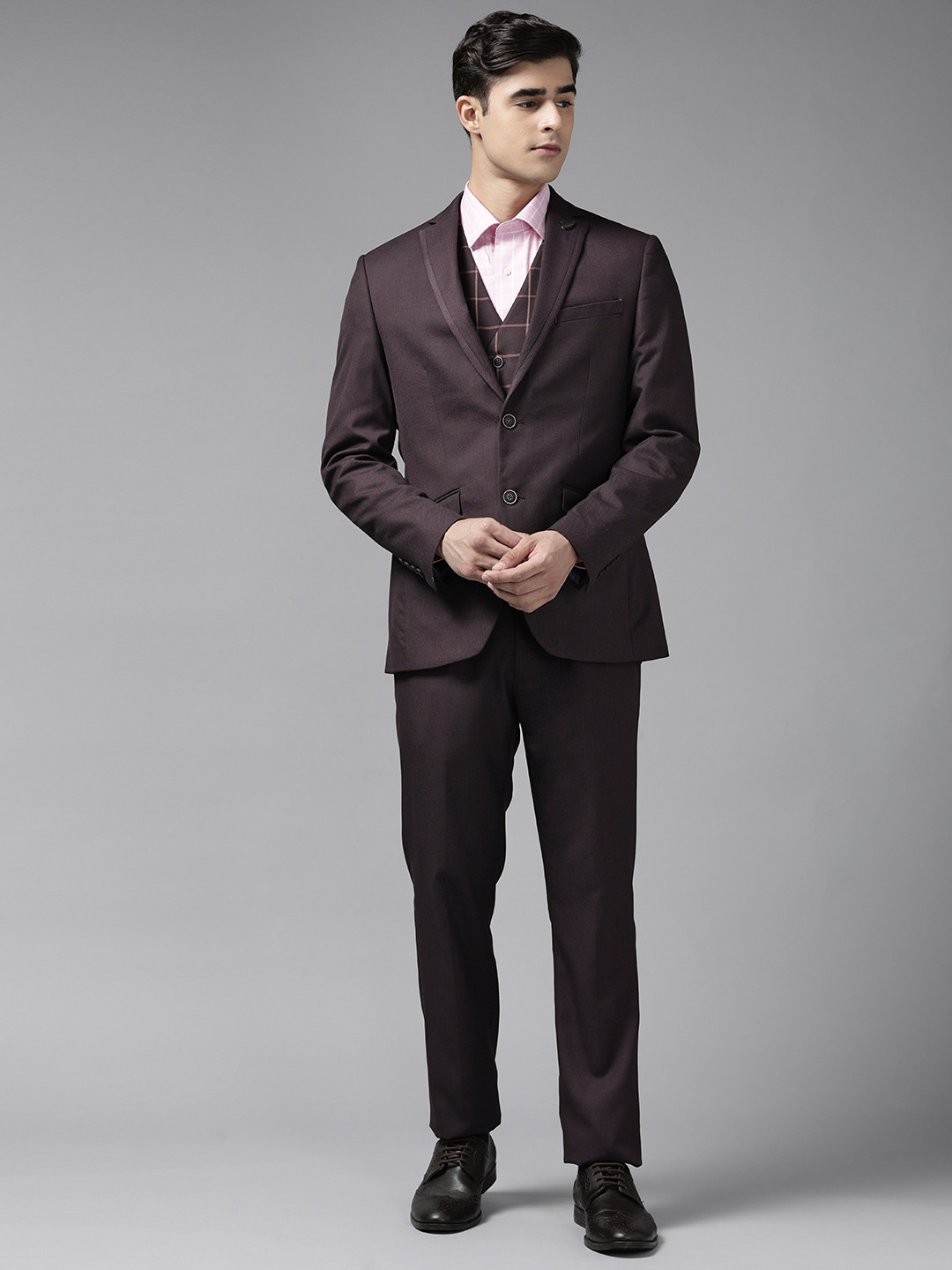 Blackberrys Men Burgundy Checked Slim-Fit Single-Breasted Three-Piece Formal Suit