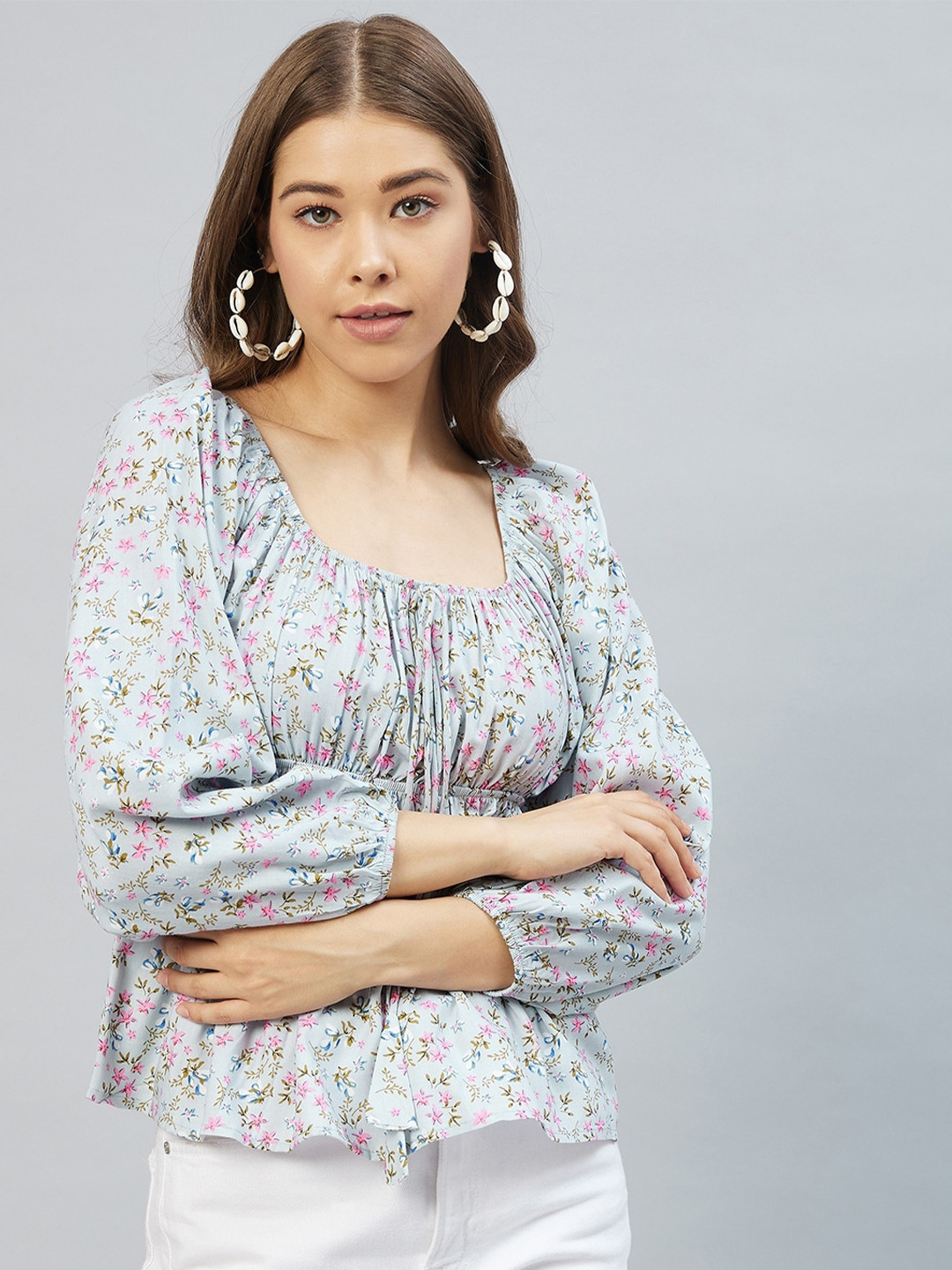 Marie Claire Women Blue Floral Cinched Waist Top