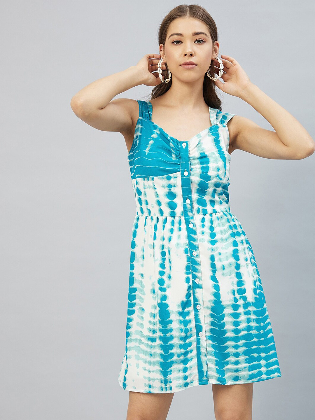 RARE Blue & White Tie and Dye Dyed Crepe Knee Length Dress