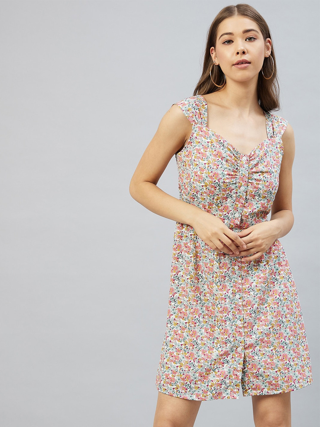 RARE Multicoloured Floral Sweetheart Neck Crepe Knee Length A-Line Dress