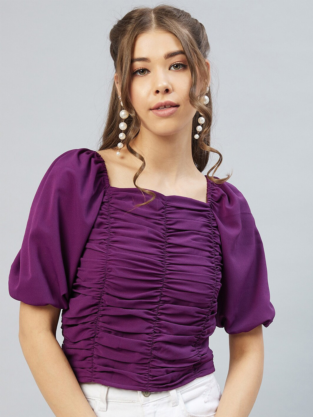 RARE Purple Georgette Ruched Crop Top