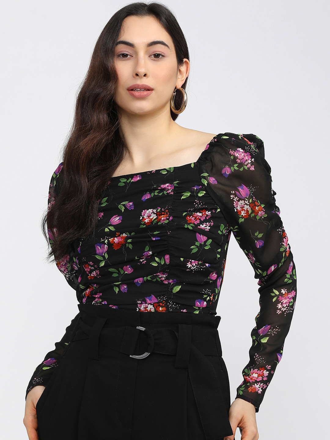 Tokyo Talkies Black & Pink Floral Print Ruched Crop Top