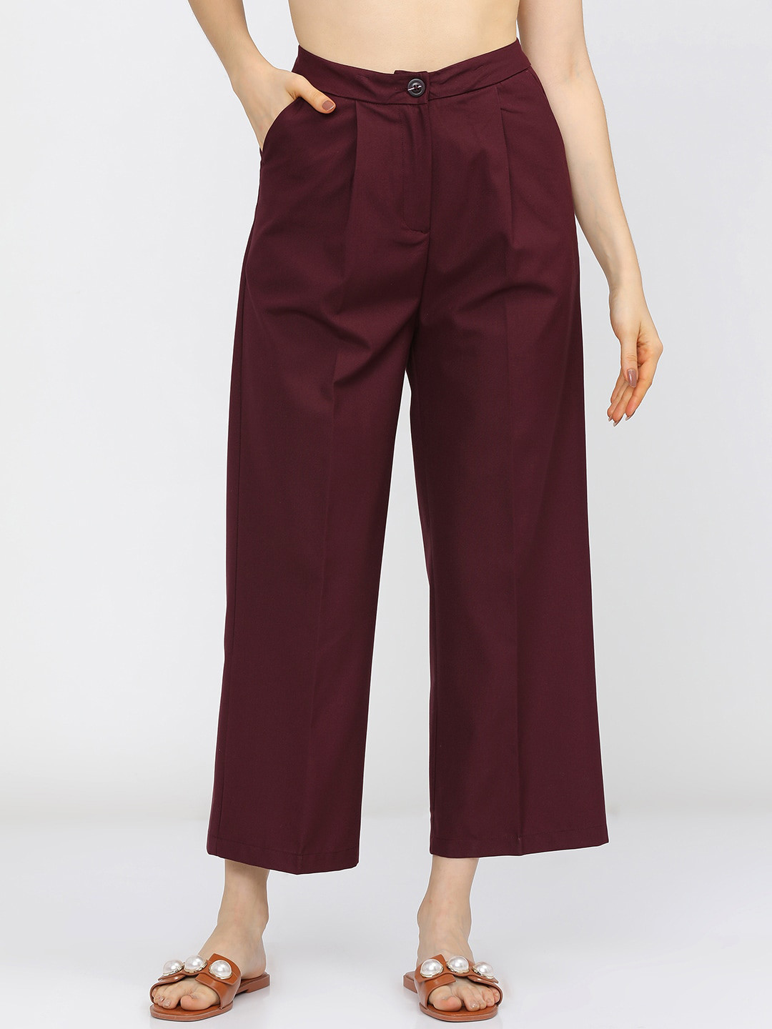 Tokyo Talkies Women Burgundy Flared Pleated Parallel Wide Leg Trousers