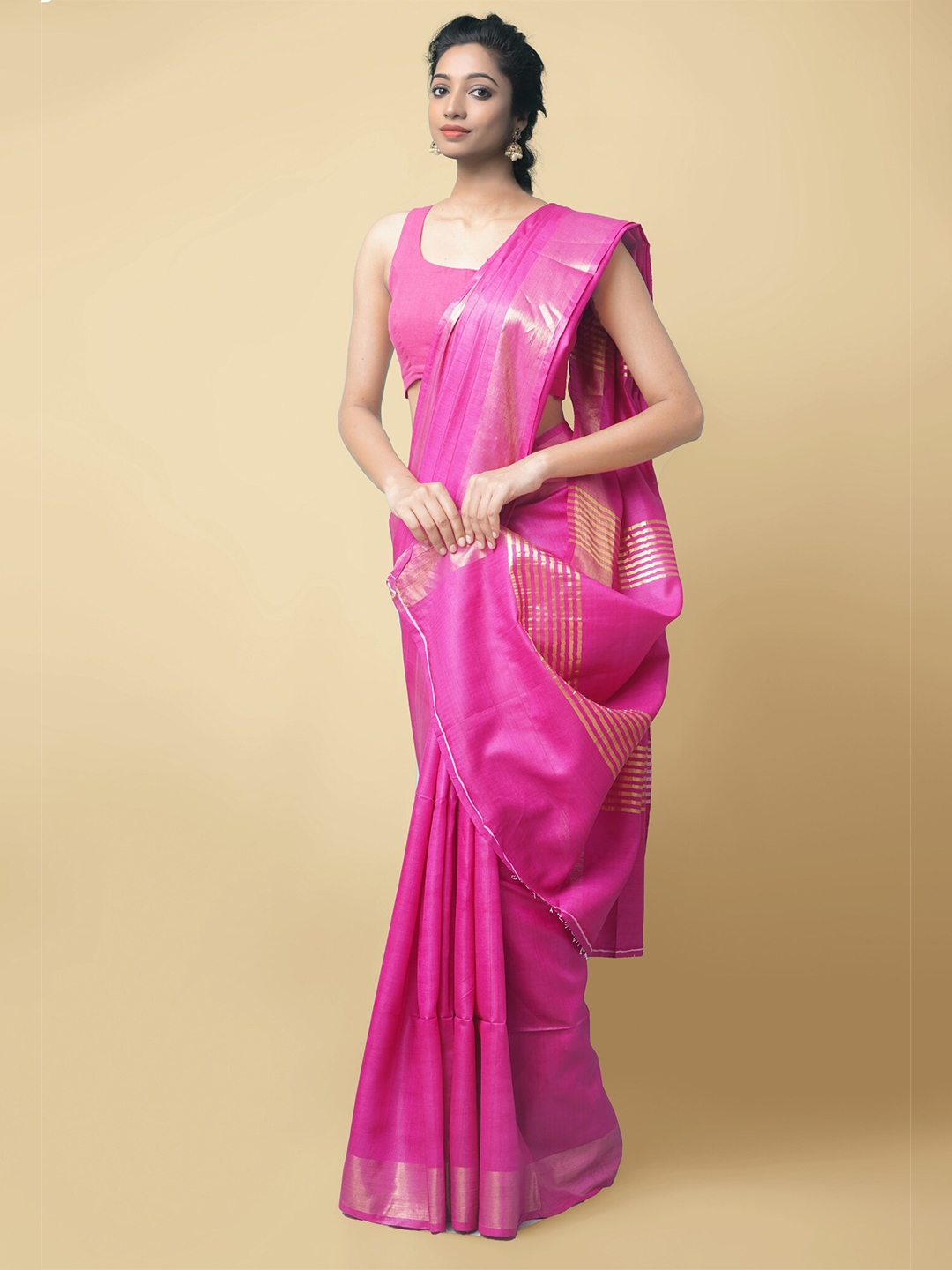 Unnati Silks Pink Zari Pure Handloom Sustainable Tussar Silk Saree