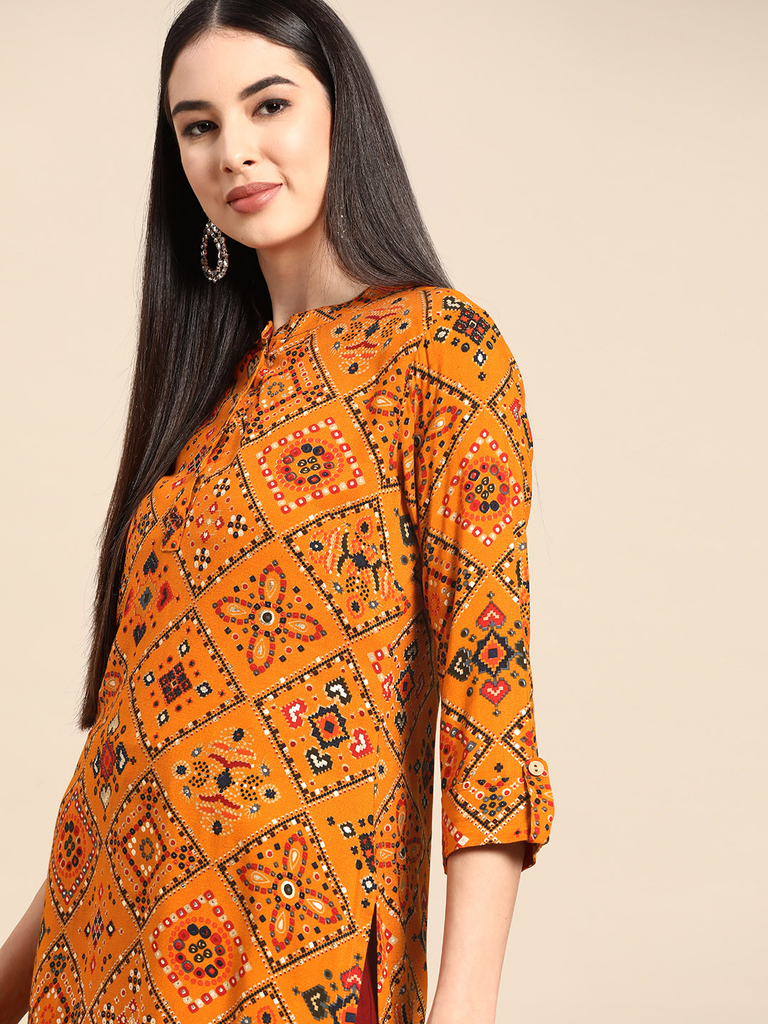 Anouk Women Orange & Red Bandhani Foil Print Kurta