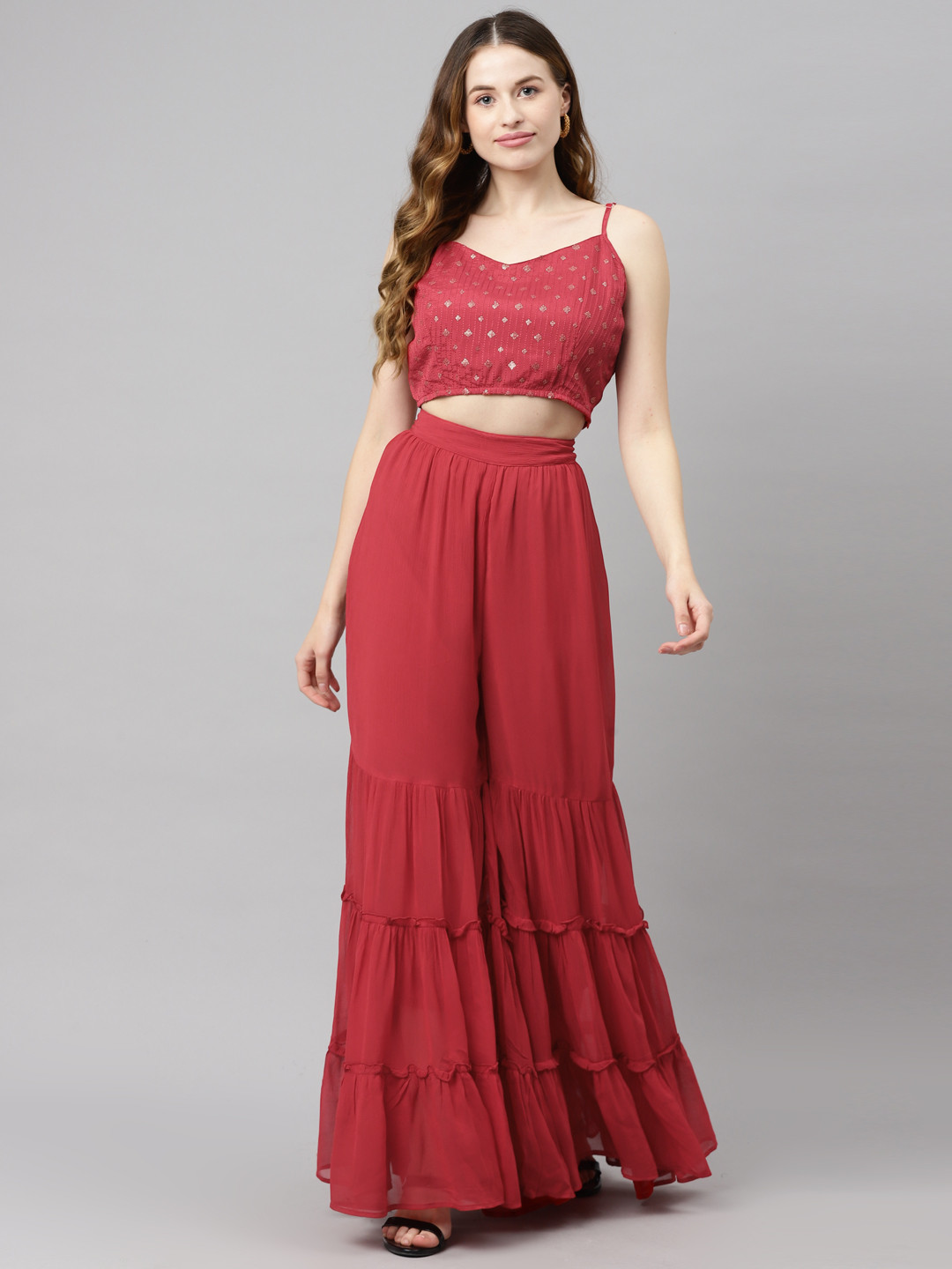 Purple State Women Maroon Sequined Crop Top with Sharara