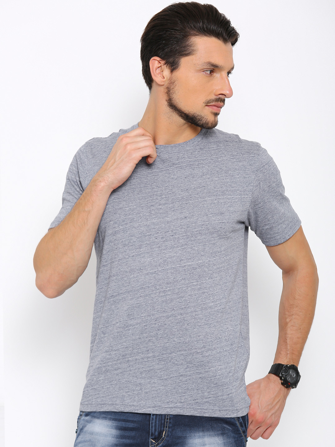 Slub Men Blue Solid Round Neck T-shirt